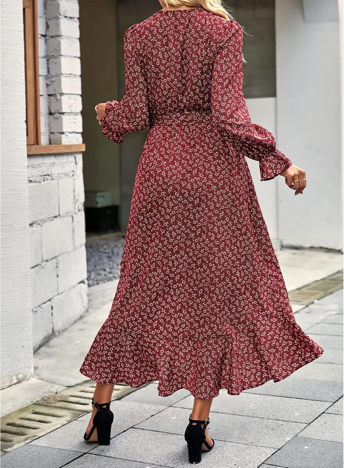 BTFBM Women Long Sleeve Dresses Spring Summer Clothes 2025 V Neck Floral High Waist Ruffle Boho Wedding Guest Dress