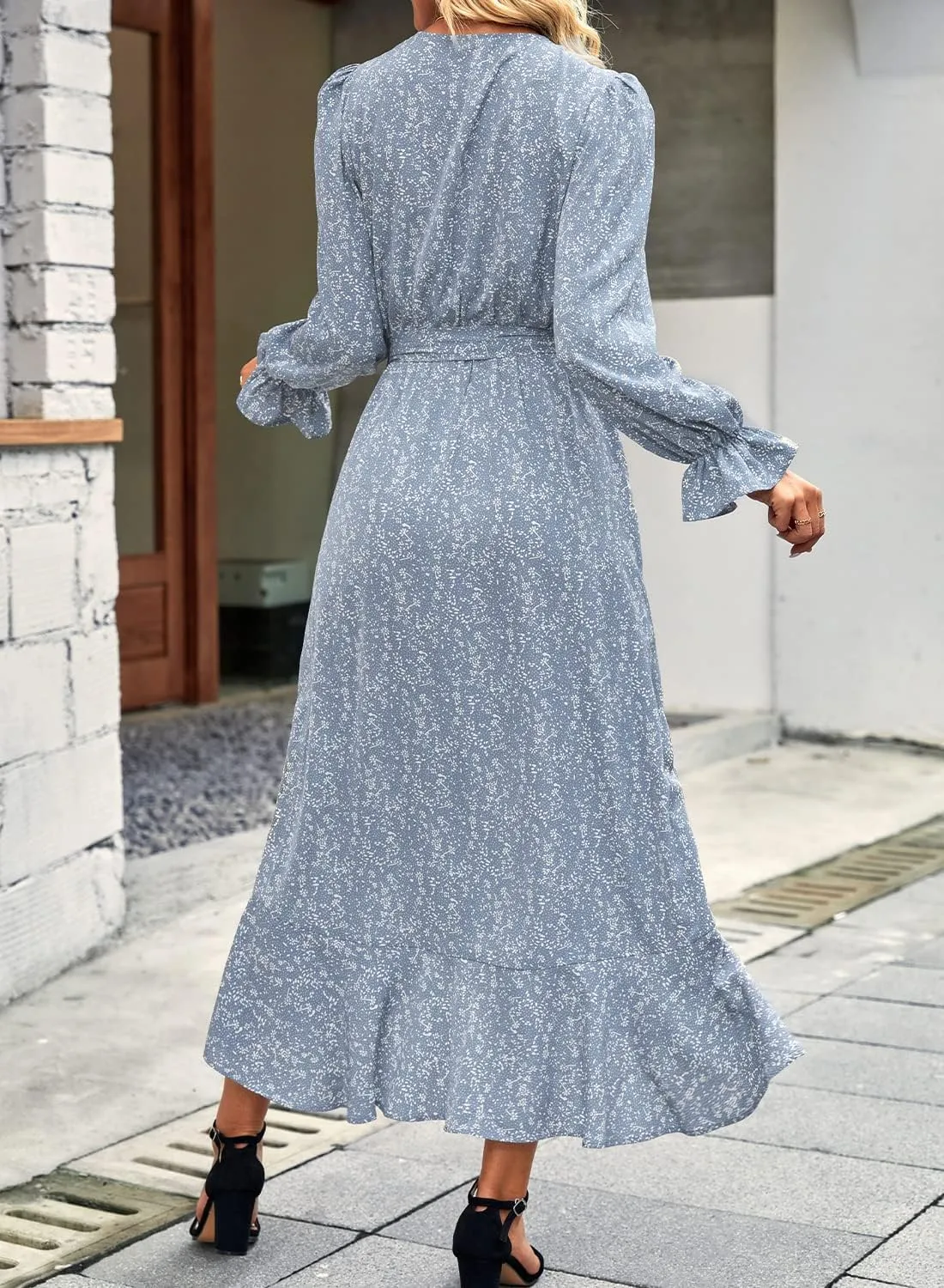 BTFBM Women Long Sleeve Dresses Spring Summer Clothes 2025 V Neck Floral High Waist Ruffle Boho Wedding Guest Dress