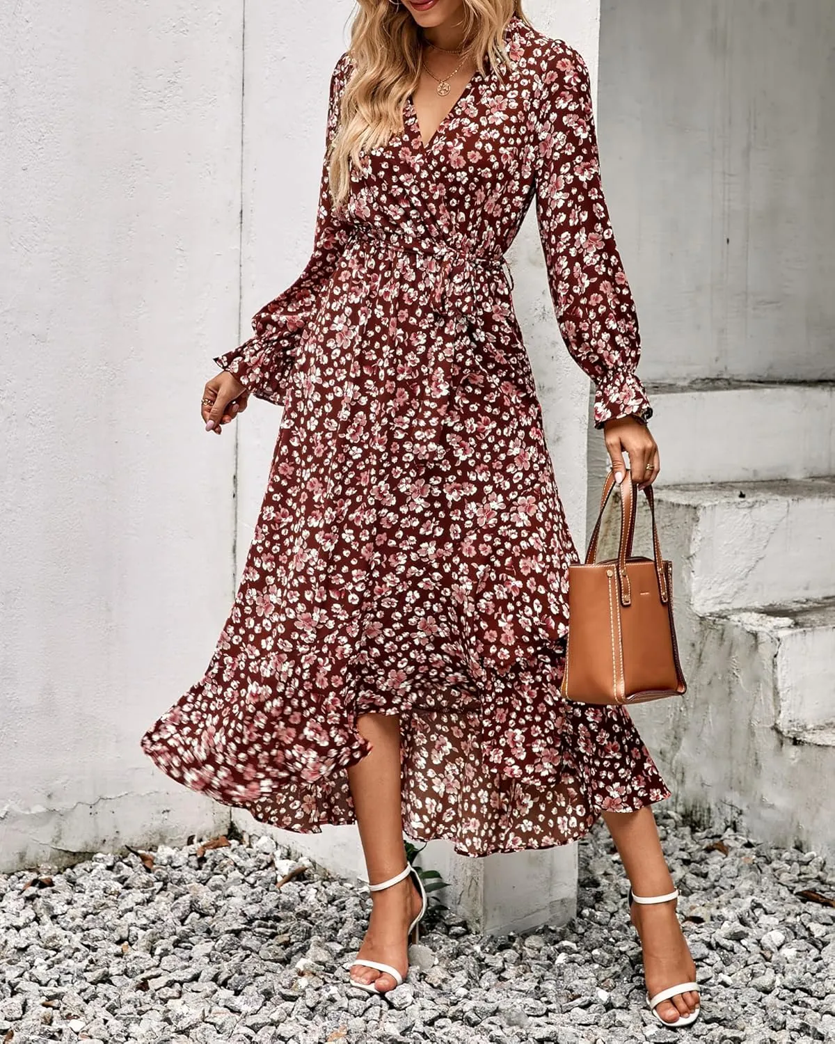 BTFBM Women Long Sleeve Dresses Spring Summer Clothes 2025 V Neck Floral High Waist Ruffle Boho Wedding Guest Dress