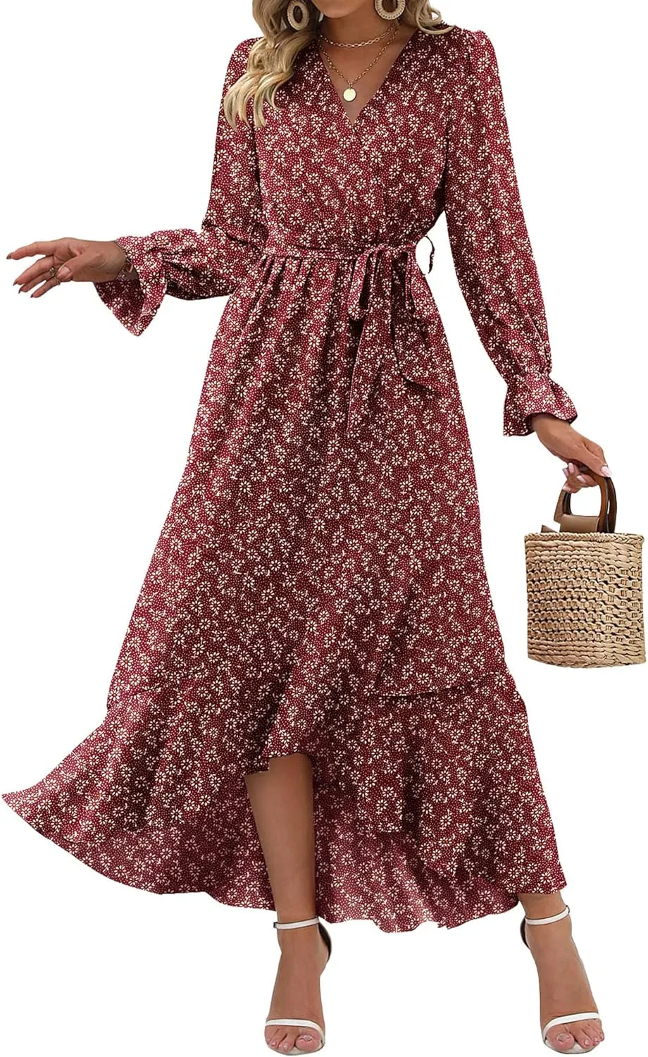 BTFBM Women Long Sleeve Dresses Spring Summer Clothes 2025 V Neck Floral High Waist Ruffle Boho Wedding Guest Dress