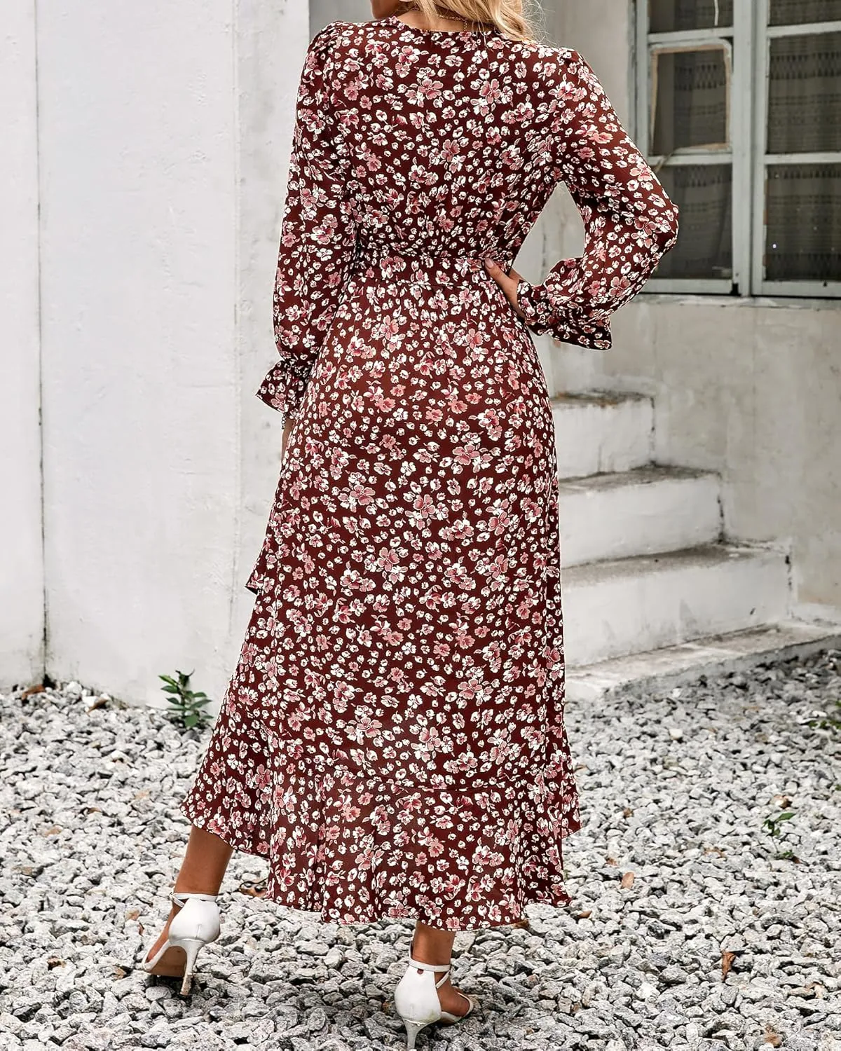 BTFBM Women Long Sleeve Dresses Spring Summer Clothes 2025 V Neck Floral High Waist Ruffle Boho Wedding Guest Dress