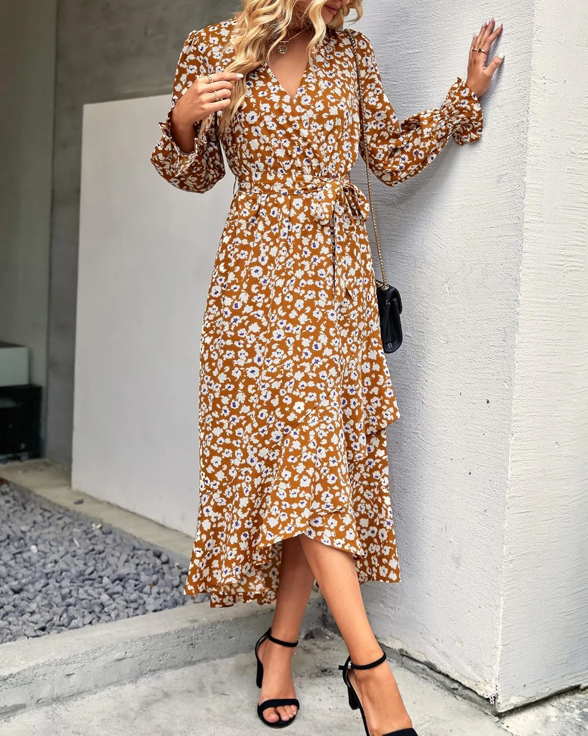 BTFBM Women Long Sleeve Dresses Spring Summer Clothes 2025 V Neck Floral High Waist Ruffle Boho Wedding Guest Dress
