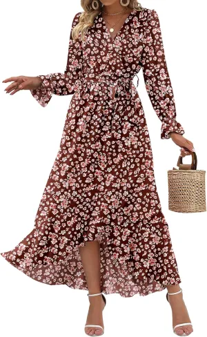 BTFBM Women Long Sleeve Dresses Spring Summer Clothes 2025 V Neck Floral High Waist Ruffle Boho Wedding Guest Dress