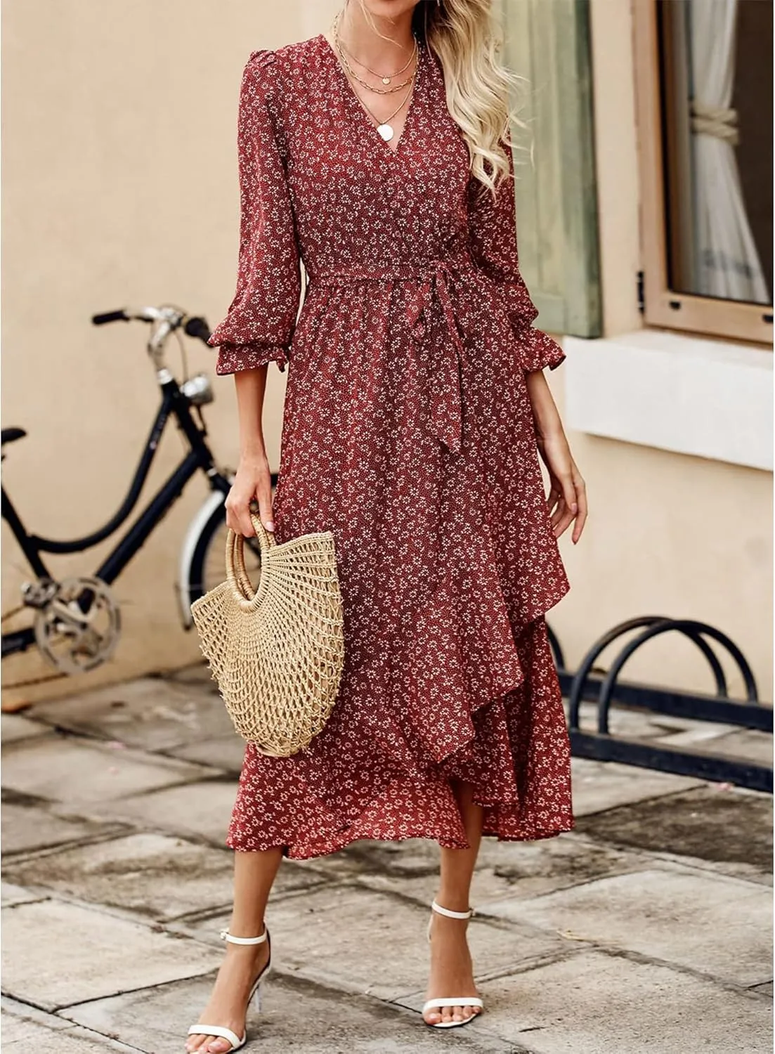 BTFBM Women Long Sleeve Dresses Spring Summer Clothes 2025 V Neck Floral High Waist Ruffle Boho Wedding Guest Dress