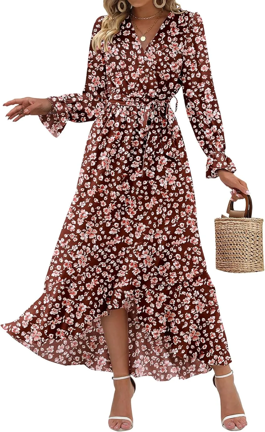 BTFBM Women Long Sleeve Dresses Spring Summer Clothes 2025 V Neck Floral High Waist Ruffle Boho Wedding Guest Dress