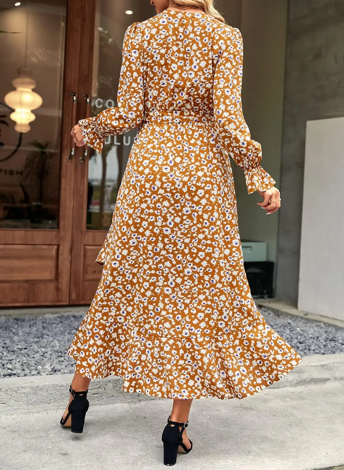 BTFBM Women Long Sleeve Dresses Spring Summer Clothes 2025 V Neck Floral High Waist Ruffle Boho Wedding Guest Dress