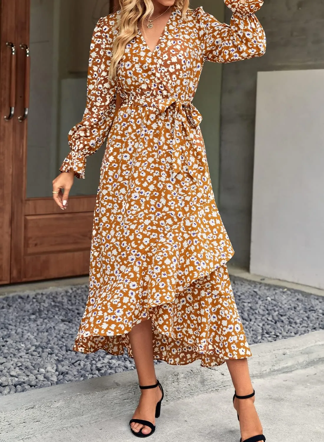 BTFBM Women Long Sleeve Dresses Spring Summer Clothes 2025 V Neck Floral High Waist Ruffle Boho Wedding Guest Dress