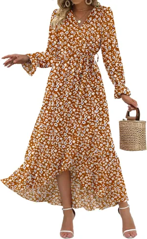 BTFBM Women Long Sleeve Dresses Spring Summer Clothes 2025 V Neck Floral High Waist Ruffle Boho Wedding Guest Dress