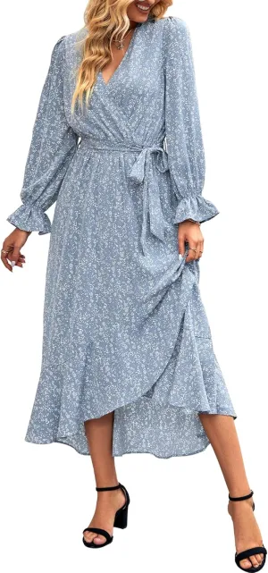 BTFBM Women Long Sleeve Dresses Spring Summer Clothes 2025 V Neck Floral High Waist Ruffle Boho Wedding Guest Dress