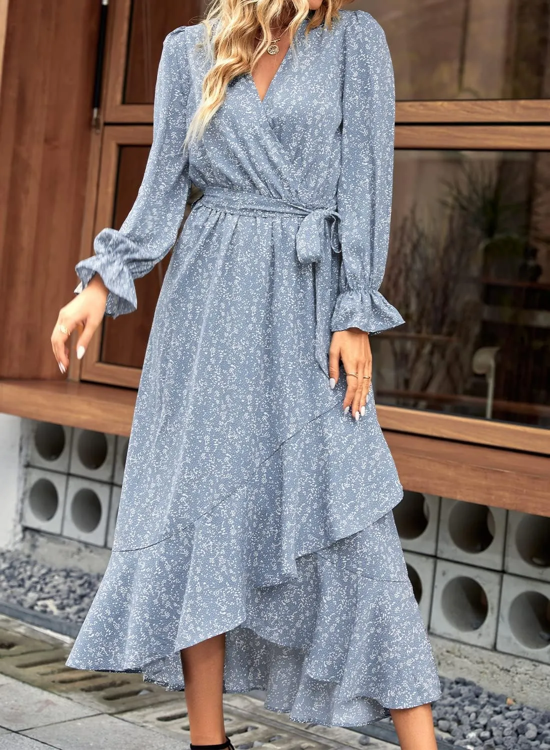 BTFBM Women Long Sleeve Dresses Spring Summer Clothes 2025 V Neck Floral High Waist Ruffle Boho Wedding Guest Dress