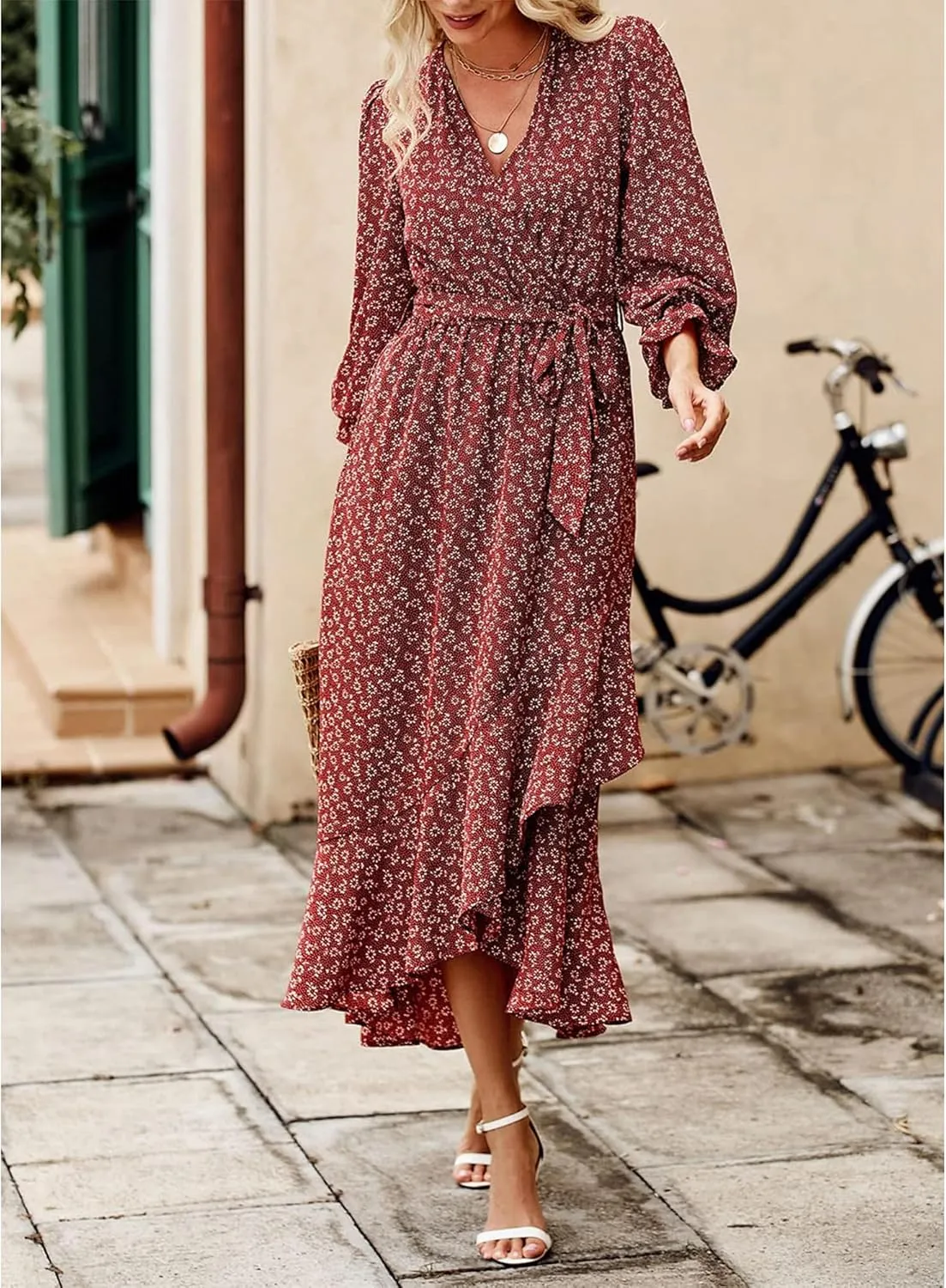 BTFBM Women Long Sleeve Dresses Spring Summer Clothes 2025 V Neck Floral High Waist Ruffle Boho Wedding Guest Dress