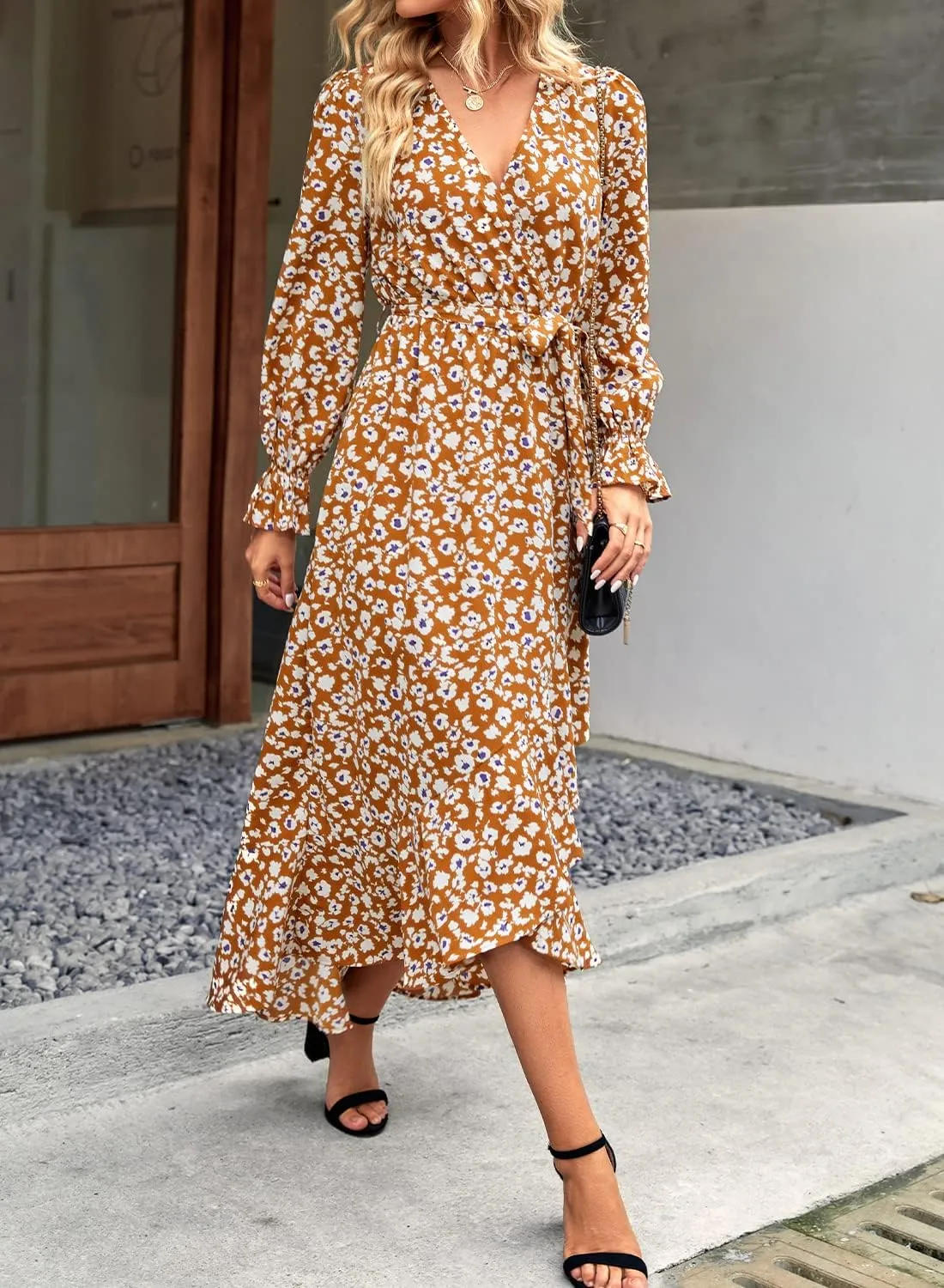 BTFBM Women Long Sleeve Dresses Spring Summer Clothes 2025 V Neck Floral High Waist Ruffle Boho Wedding Guest Dress