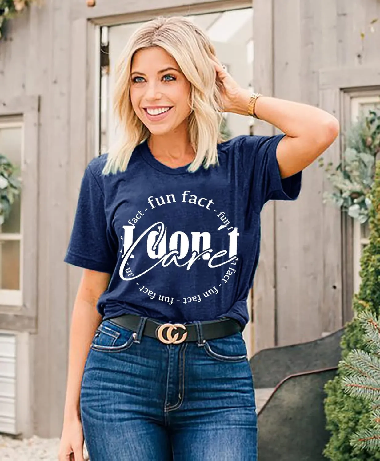 Calvin Fun Fact l Don't Care Letter Print T-Shirt for Women Funny Sayings Graphic Tees
