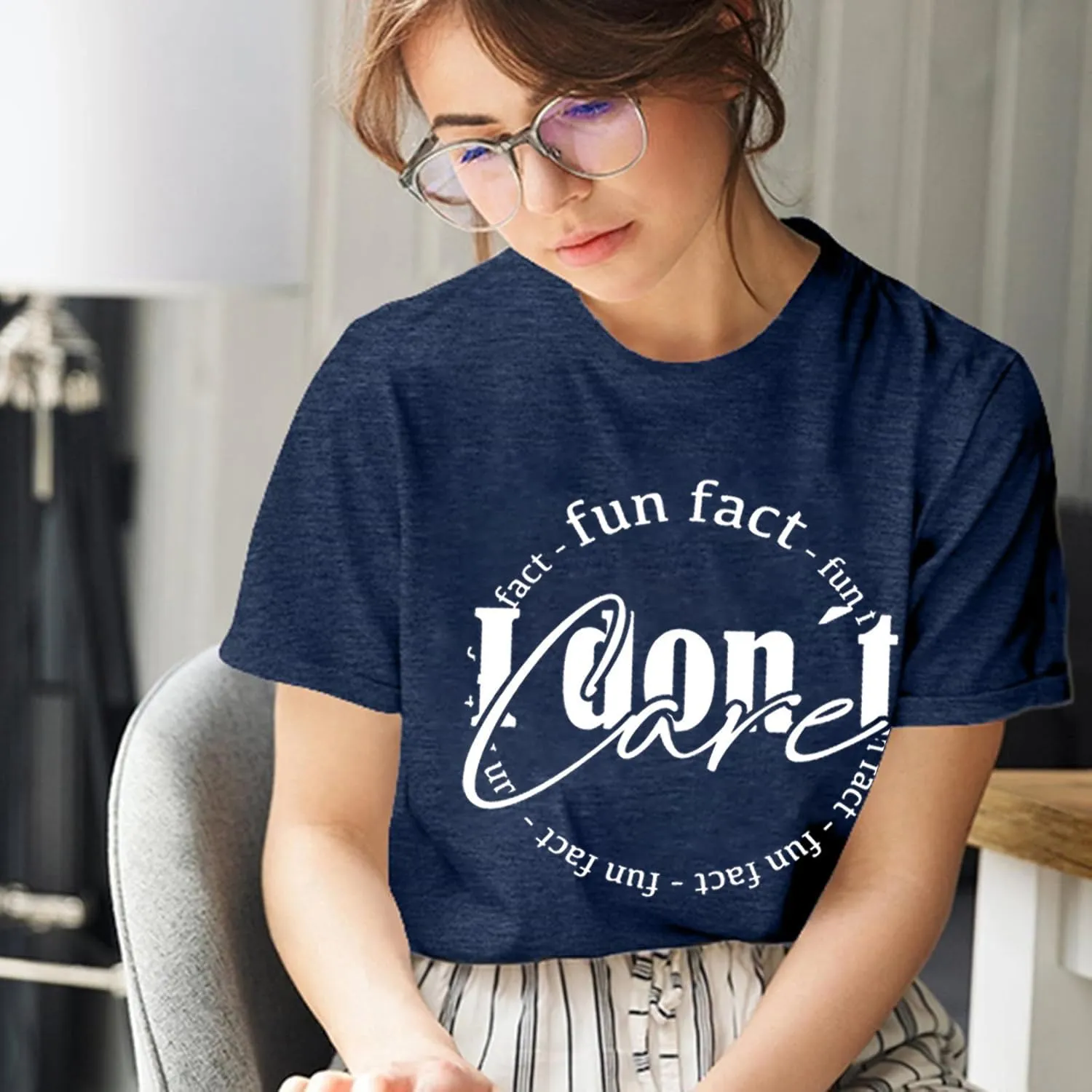 Calvin Fun Fact l Don't Care Letter Print T-Shirt for Women Funny Sayings Graphic Tees