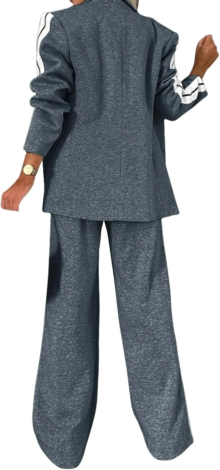 Canbebig Womens 2 Piece Outfits Double Breasted Blazer and Wide Leg Work Pants Casual Blazer Sets Dressy Suits with Pockets