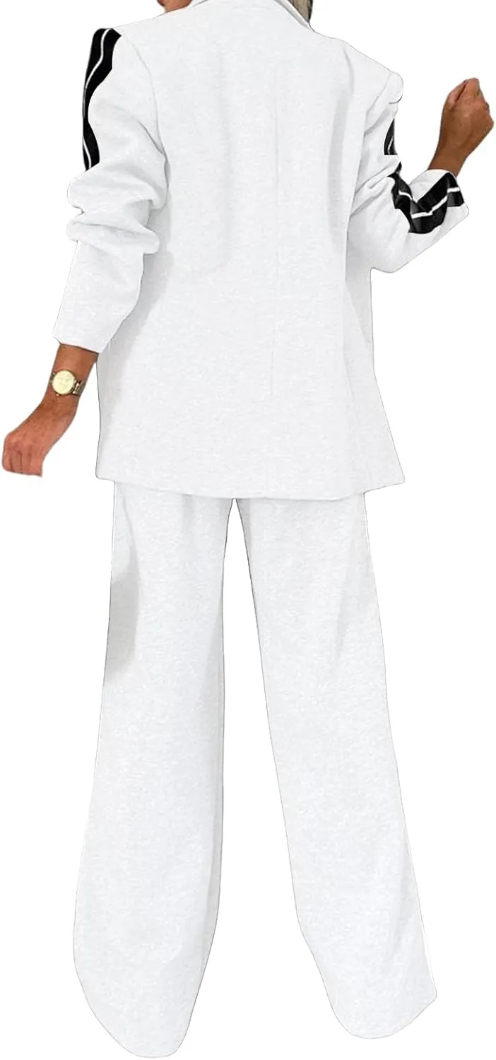 Canbebig Womens 2 Piece Outfits Double Breasted Blazer and Wide Leg Work Pants Casual Blazer Sets Dressy Suits with Pockets