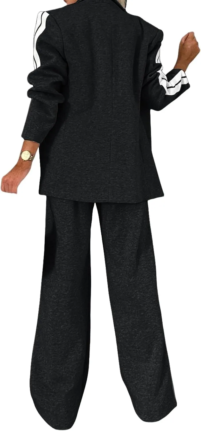 Canbebig Womens 2 Piece Outfits Double Breasted Blazer and Wide Leg Work Pants Casual Blazer Sets Dressy Suits with Pockets