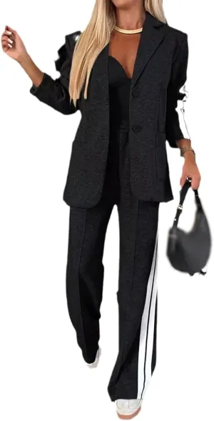 Canbebig Womens 2 Piece Outfits Double Breasted Blazer and Wide Leg Work Pants Casual Blazer Sets Dressy Suits with Pockets