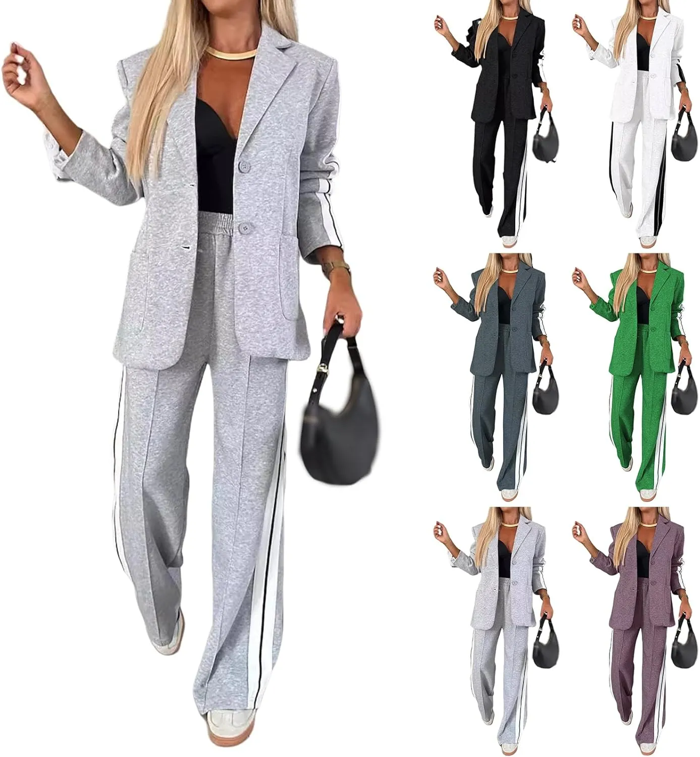 Canbebig Womens 2 Piece Outfits Double Breasted Blazer and Wide Leg Work Pants Casual Blazer Sets Dressy Suits with Pockets