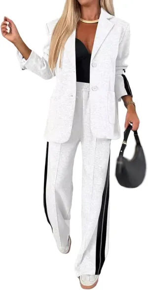 Canbebig Womens 2 Piece Outfits Double Breasted Blazer and Wide Leg Work Pants Casual Blazer Sets Dressy Suits with Pockets