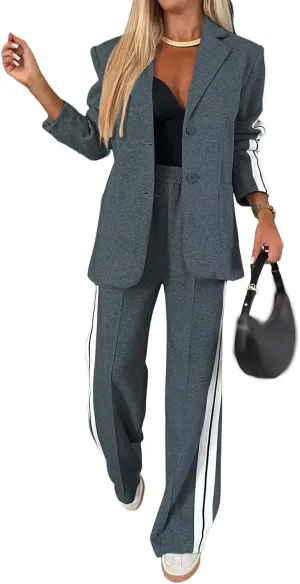 Canbebig Womens 2 Piece Outfits Double Breasted Blazer and Wide Leg Work Pants Casual Blazer Sets Dressy Suits with Pockets