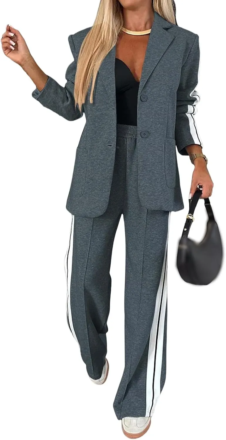 Canbebig Womens 2 Piece Outfits Double Breasted Blazer and Wide Leg Work Pants Casual Blazer Sets Dressy Suits with Pockets