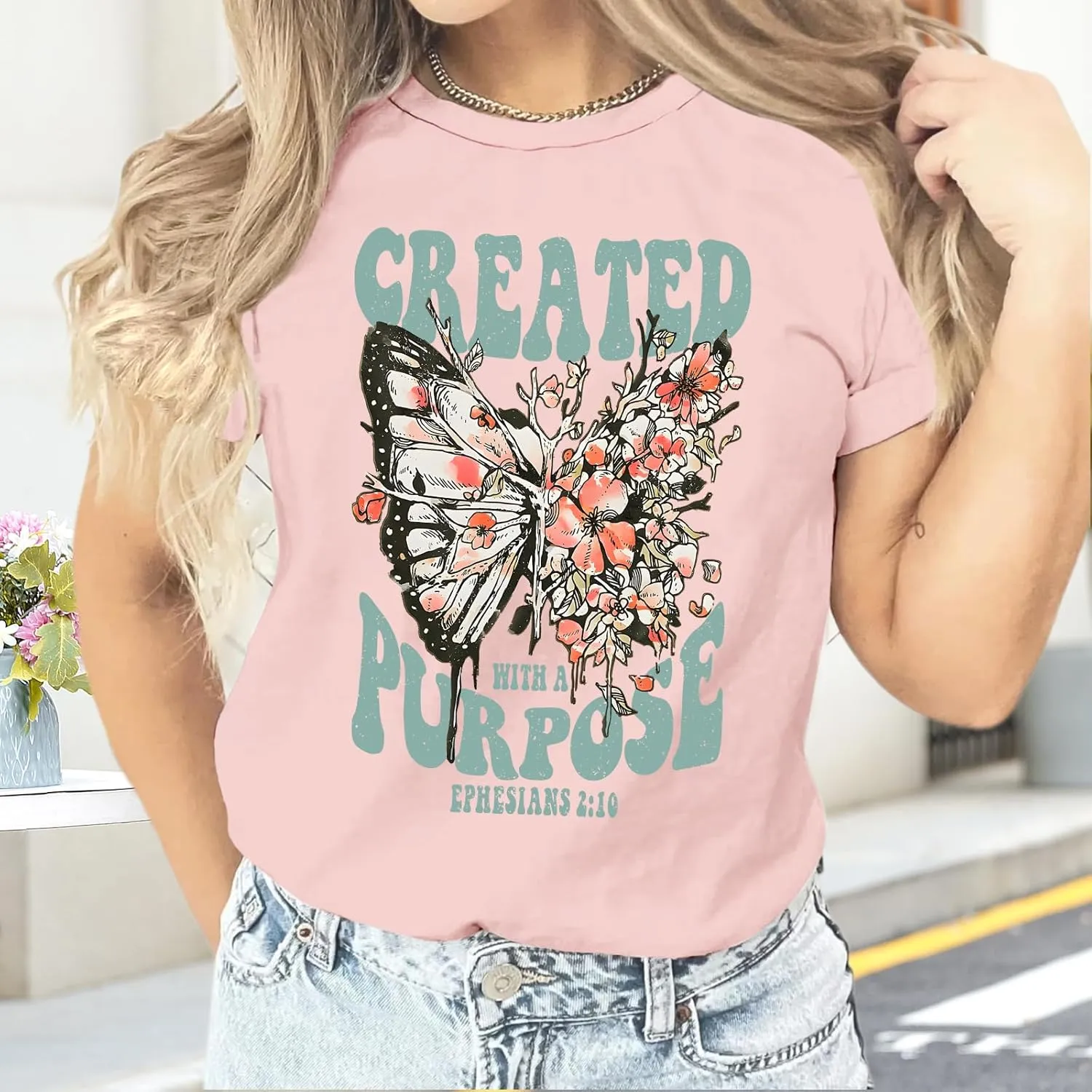 Christian Shirts for Women Jesus Tshirt Faith Religious Bible Verse T Shirt Oversized Boho Butterfly Graphic Tees Top