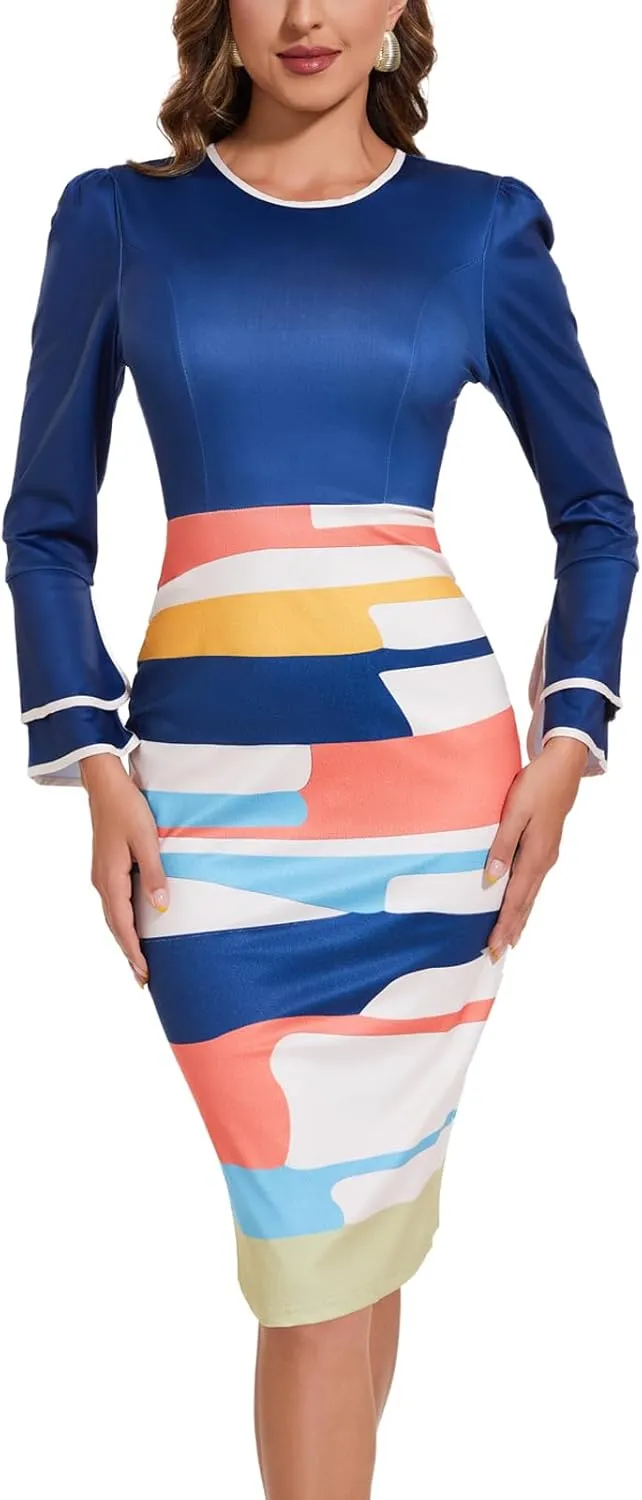 Classic Church Dress for Women Bell Long Sleeve Vintage Wear to Work Cocktail Business Split Pencil Sheath Dresses