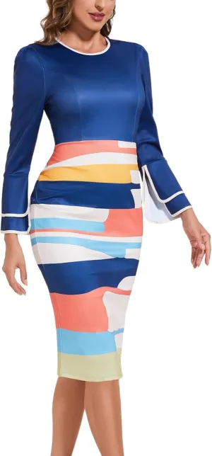 Classic Church Dress for Women Bell Long Sleeve Vintage Wear to Work Cocktail Business Split Pencil Sheath Dresses