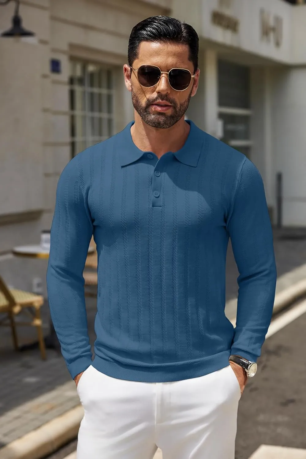 COOFANDY Men's Knit Polo Shirt Casual Long Sleeve Polo Sweater Dress Collar Polo Classic Golf Shirts