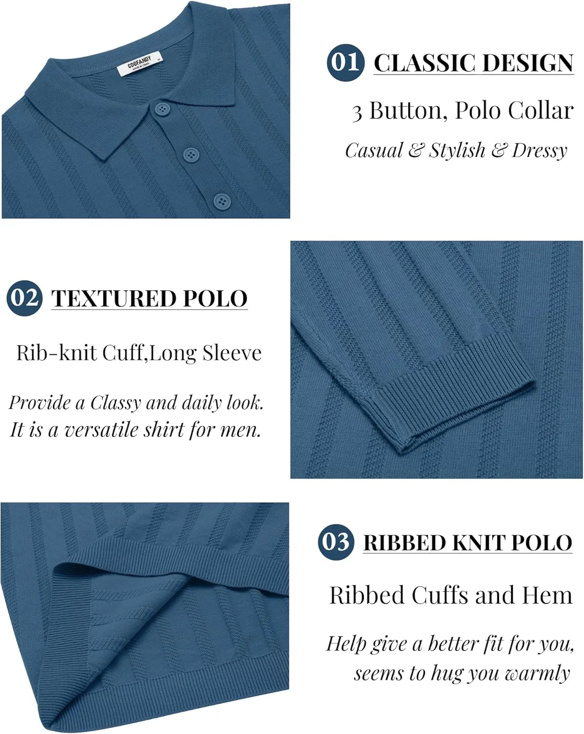 COOFANDY Men's Knit Polo Shirt Casual Long Sleeve Polo Sweater Dress Collar Polo Classic Golf Shirts