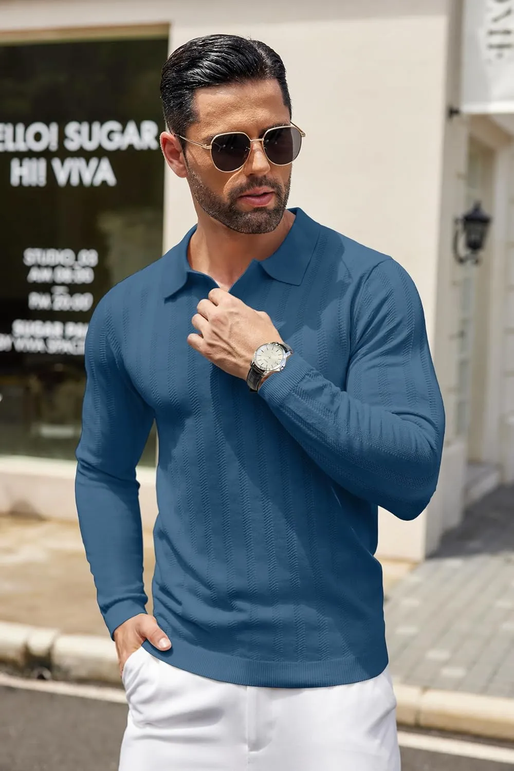 COOFANDY Men's Knit Polo Shirt Casual Long Sleeve Polo Sweater Dress Collar Polo Classic Golf Shirts