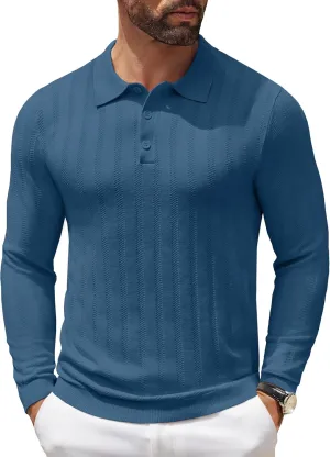 COOFANDY Men's Knit Polo Shirt Casual Long Sleeve Polo Sweater Dress Collar Polo Classic Golf Shirts