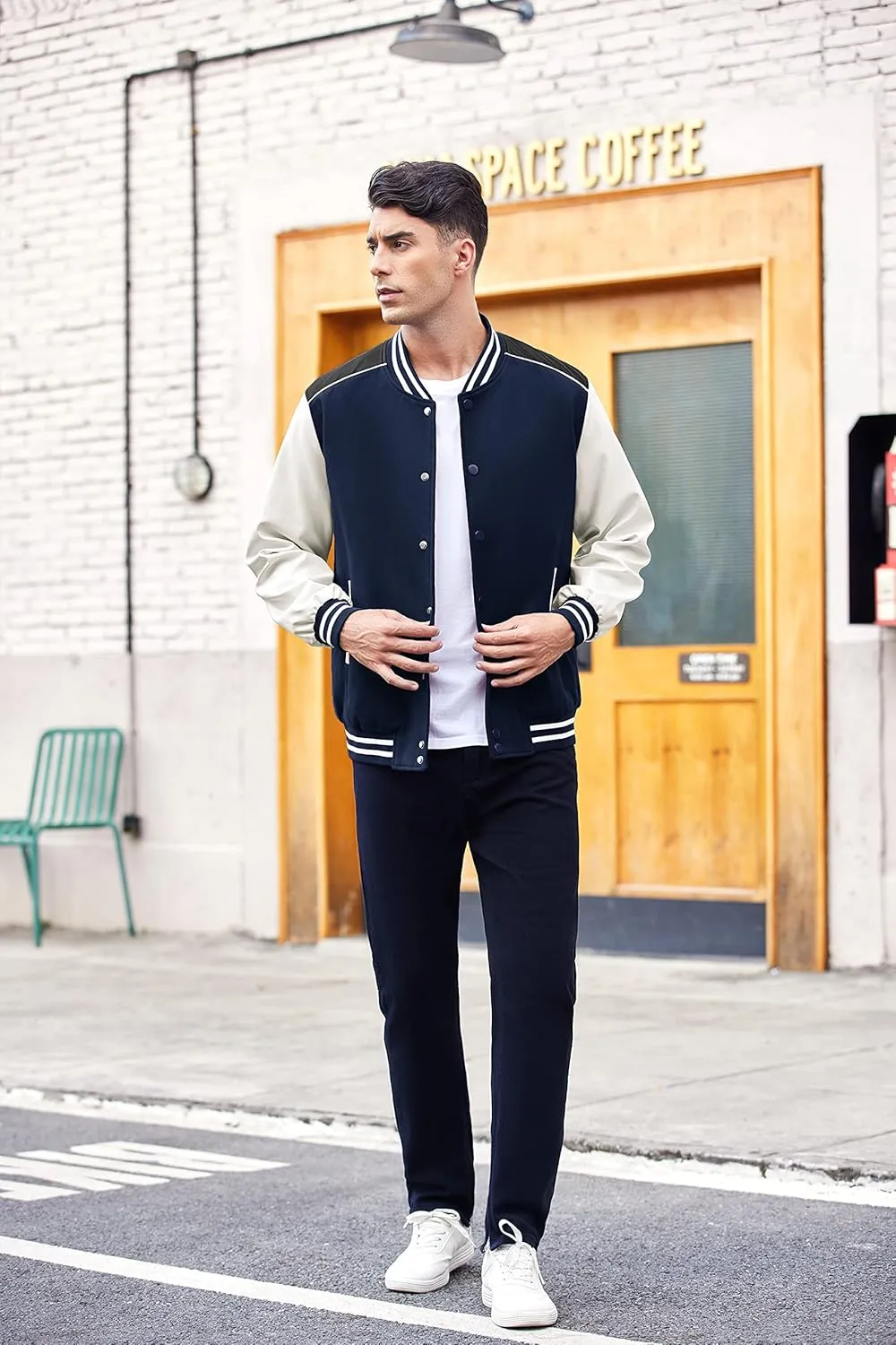 COOFANDY Mens Varsity Jacket Casual Leather Sleeve Baseball Letterman Bomber Jacket Coat