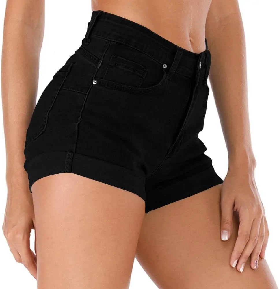Cuihur Women's Summer High Waisted Denim Shorts Folded Hem Casual Short Jeans