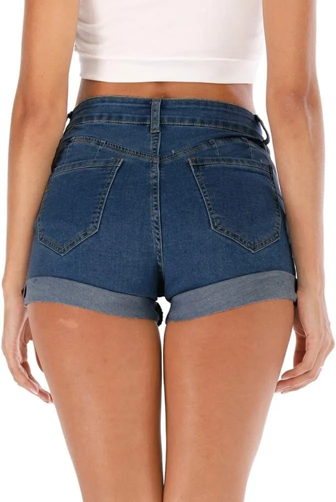 Cuihur Women's Summer High Waisted Denim Shorts Folded Hem Casual Short Jeans