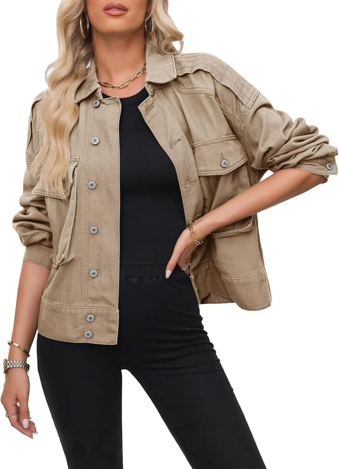 Dokotoo Women's Cargo Jean Jacket - Cropped Button Spring Fashion Coat for Women