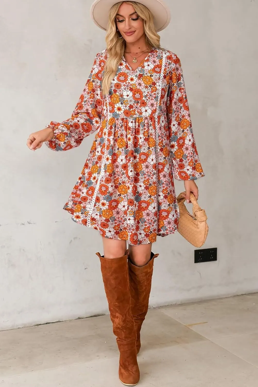 Dokotoo Women's V Neck Floral Embroidered Lace Trim Mini Dress Long Peasant Sleeves Flowy Dress Fall Dresses