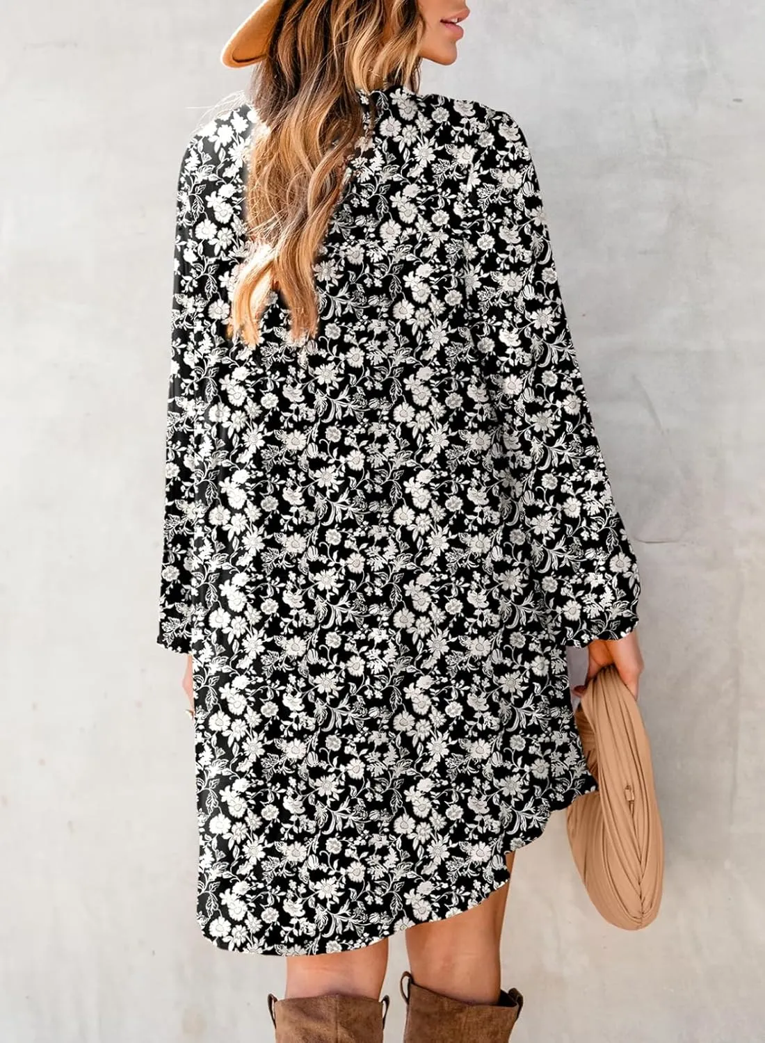 Dokotoo Women's V Neck Floral Embroidered Lace Trim Mini Dress Long Peasant Sleeves Flowy Dress Fall Dresses