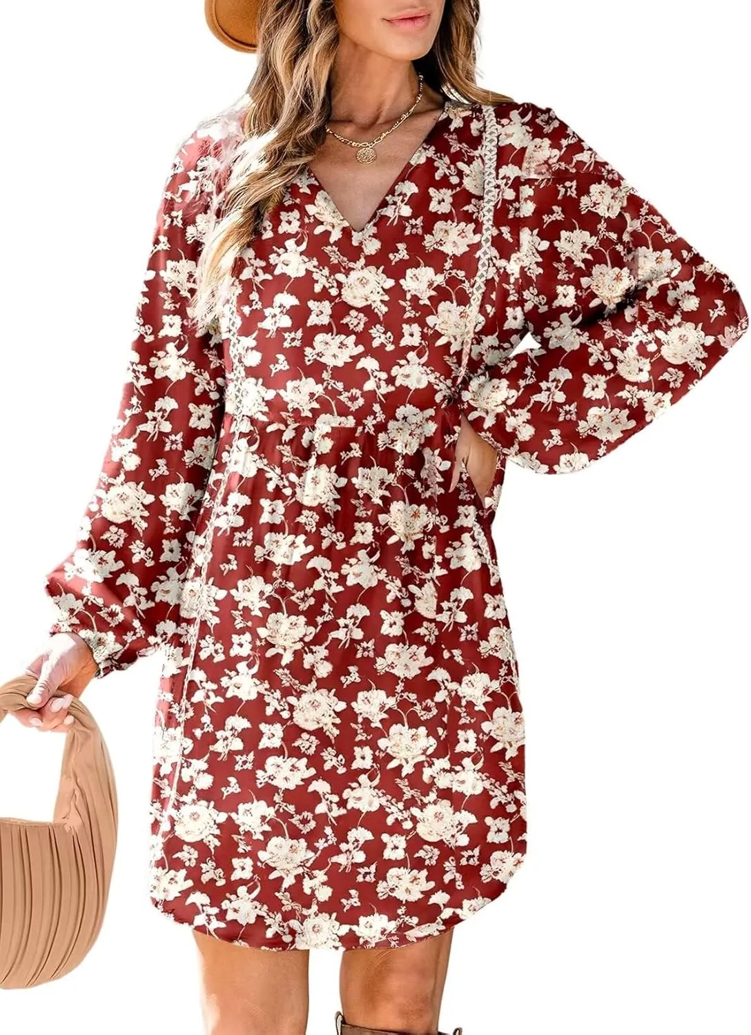 Dokotoo Women's V Neck Floral Embroidered Lace Trim Mini Dress Long Peasant Sleeves Flowy Dress Fall Dresses