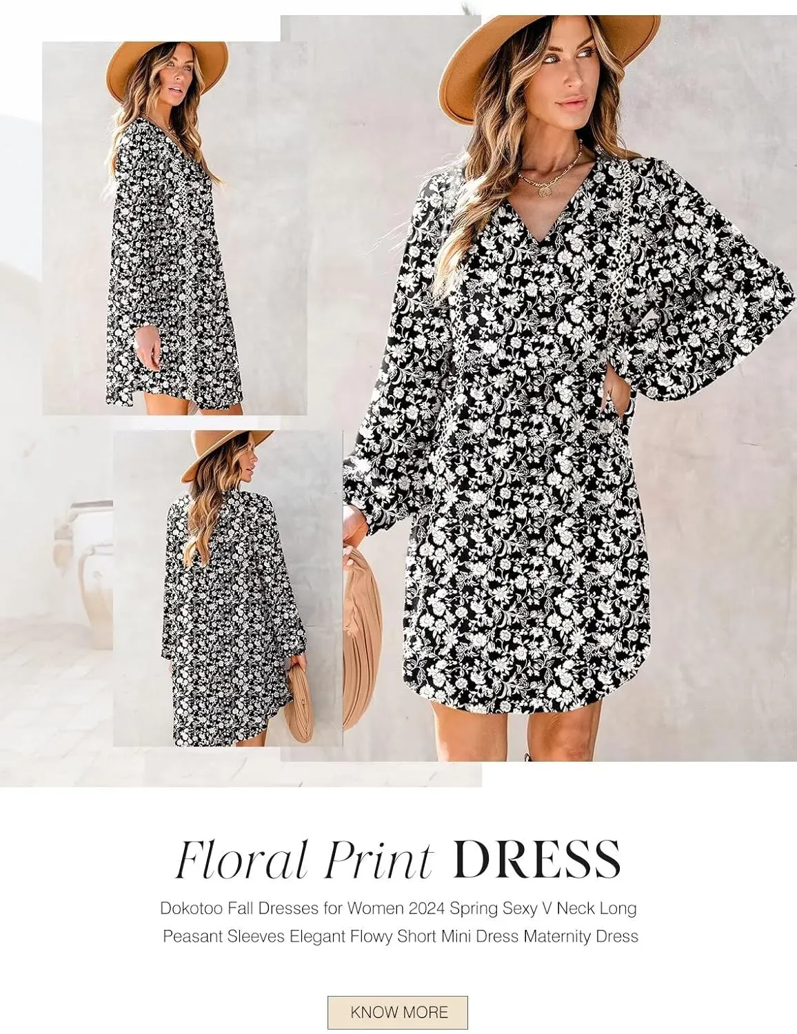 Dokotoo Women's V Neck Floral Embroidered Lace Trim Mini Dress Long Peasant Sleeves Flowy Dress Fall Dresses