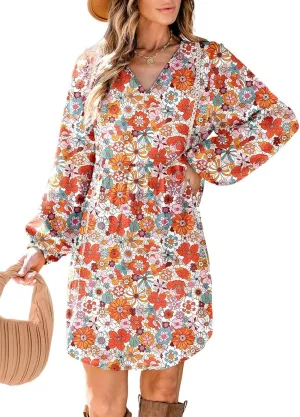 Dokotoo Women's V Neck Floral Embroidered Lace Trim Mini Dress Long Peasant Sleeves Flowy Dress Fall Dresses