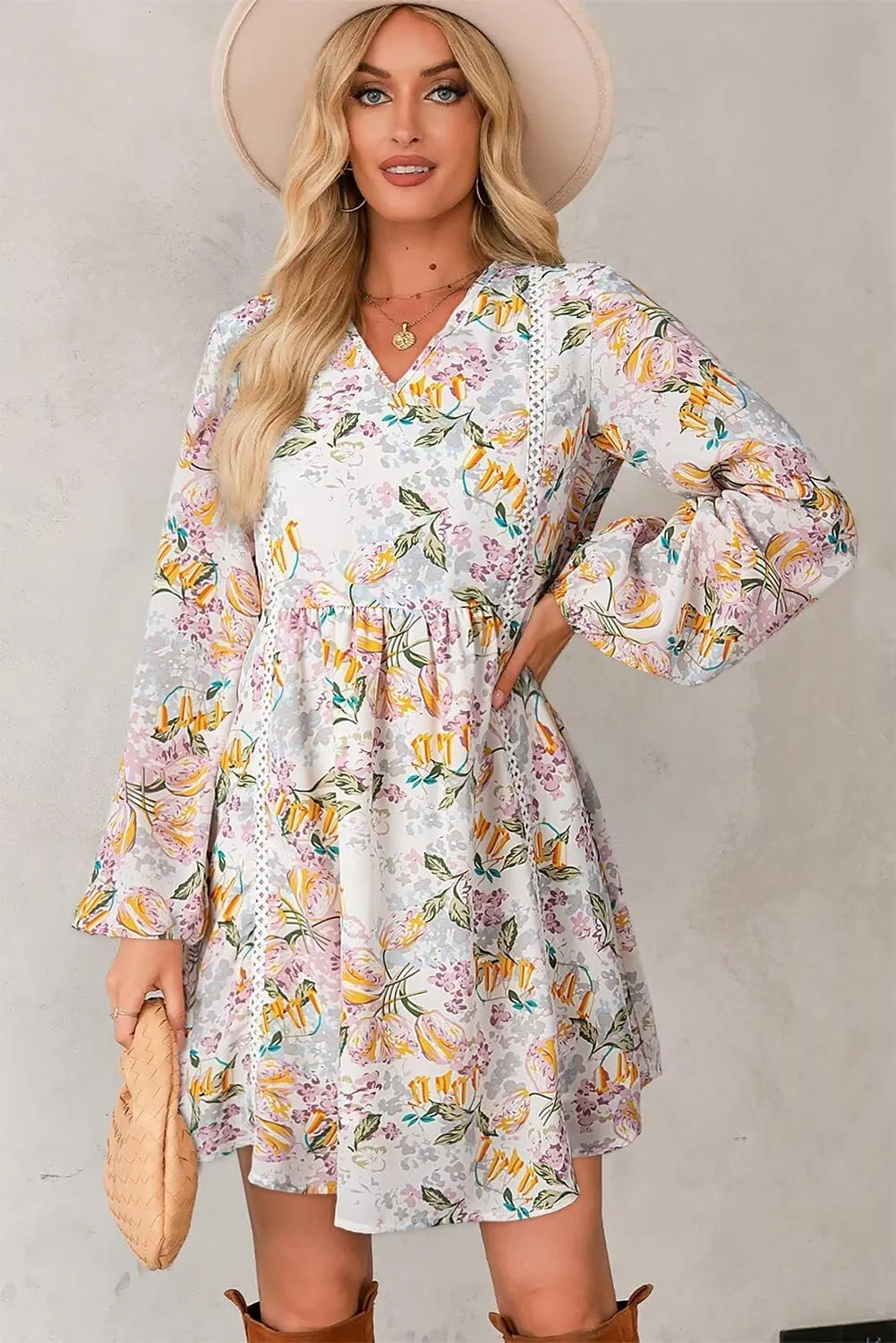 Dokotoo Women's V Neck Floral Embroidered Lace Trim Mini Dress Long Peasant Sleeves Flowy Dress Fall Dresses