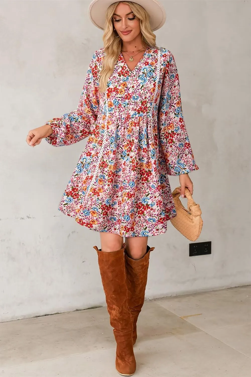Dokotoo Women's V Neck Floral Embroidered Lace Trim Mini Dress Long Peasant Sleeves Flowy Dress Fall Dresses