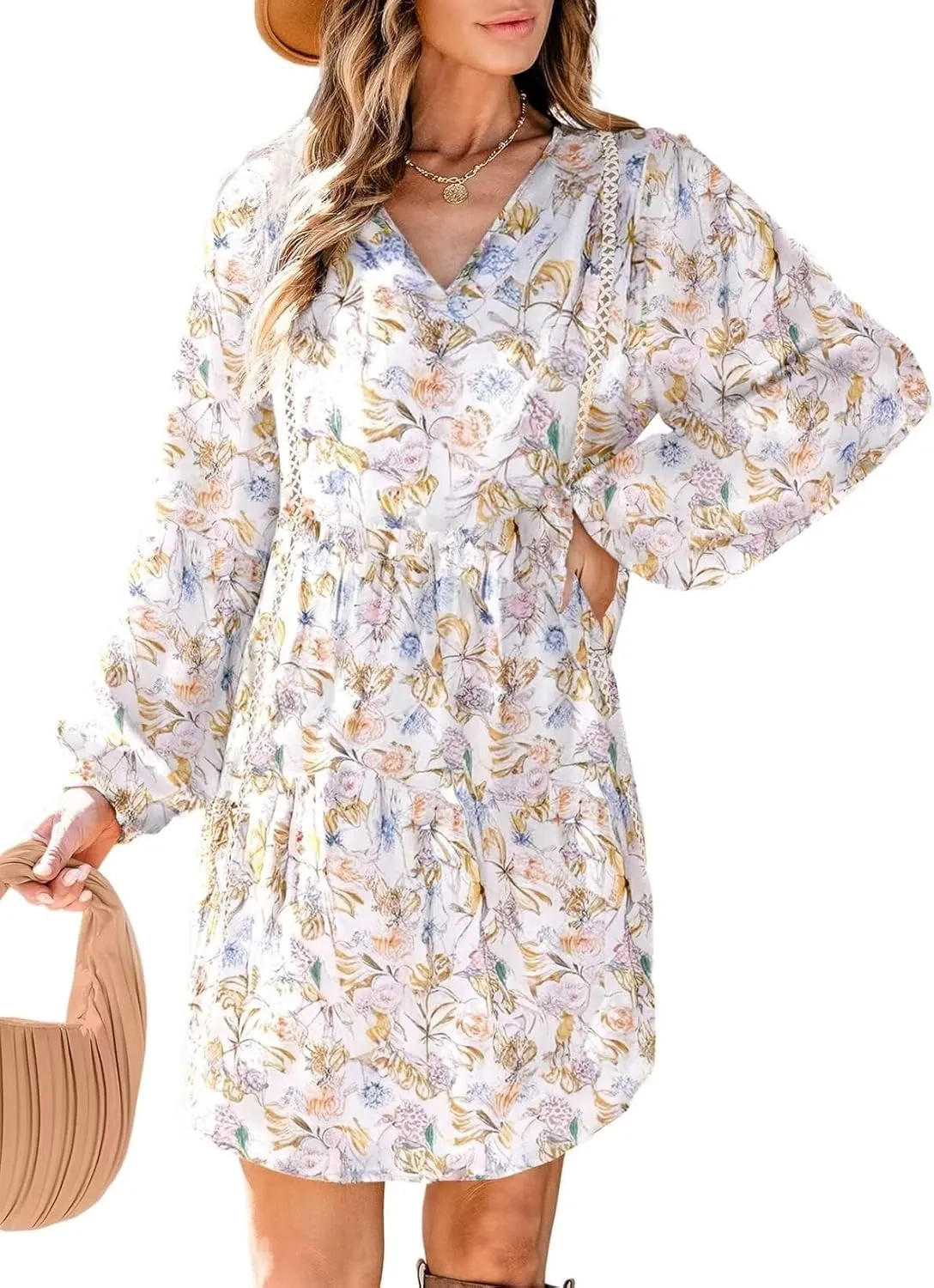 Dokotoo Women's V Neck Floral Embroidered Lace Trim Mini Dress Long Peasant Sleeves Flowy Dress Fall Dresses