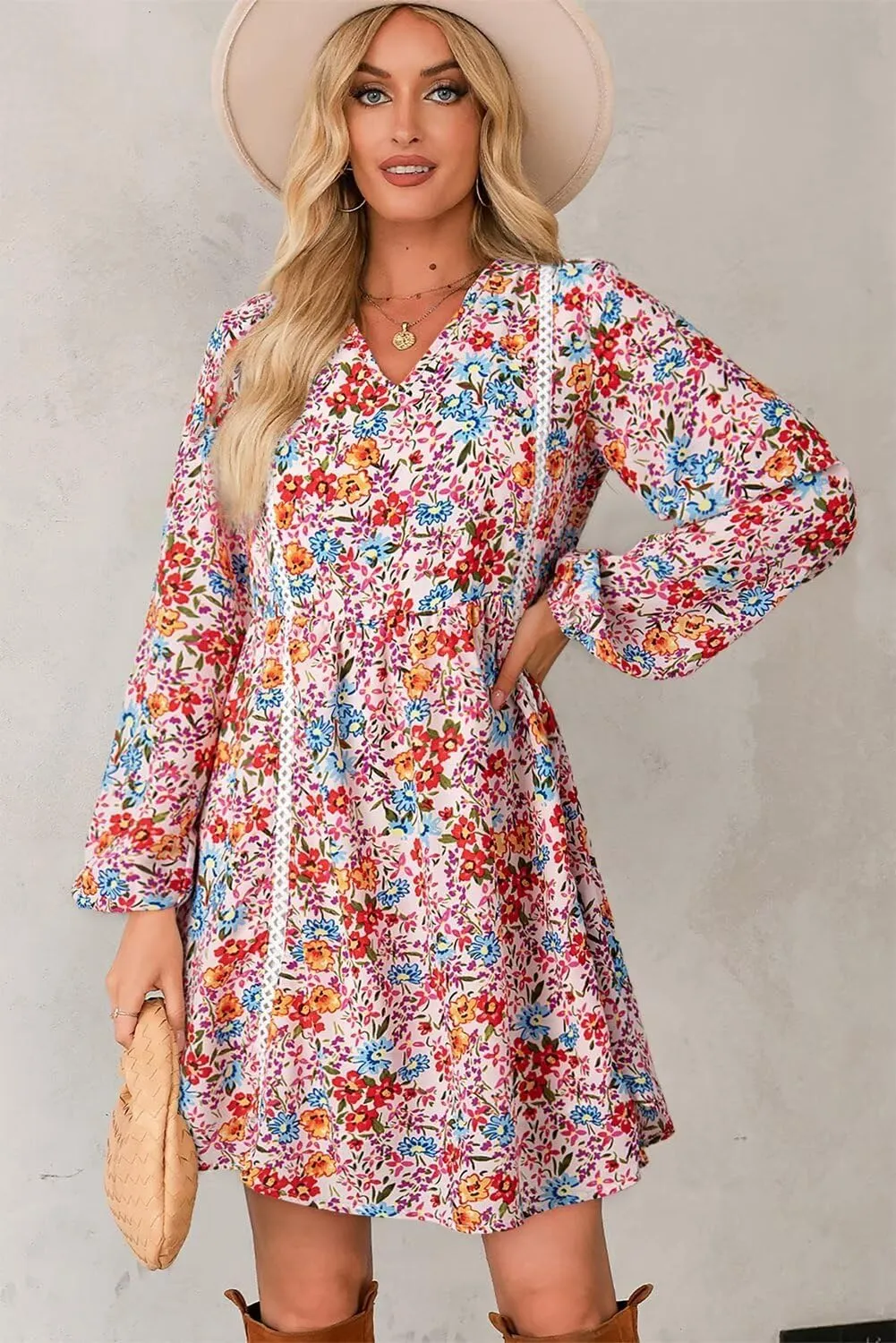 Dokotoo Women's V Neck Floral Embroidered Lace Trim Mini Dress Long Peasant Sleeves Flowy Dress Fall Dresses