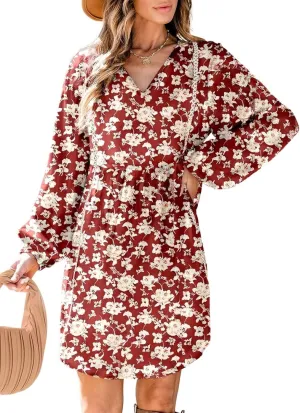 Dokotoo Women's V Neck Floral Embroidered Lace Trim Mini Dress Long Peasant Sleeves Flowy Dress Fall Dresses