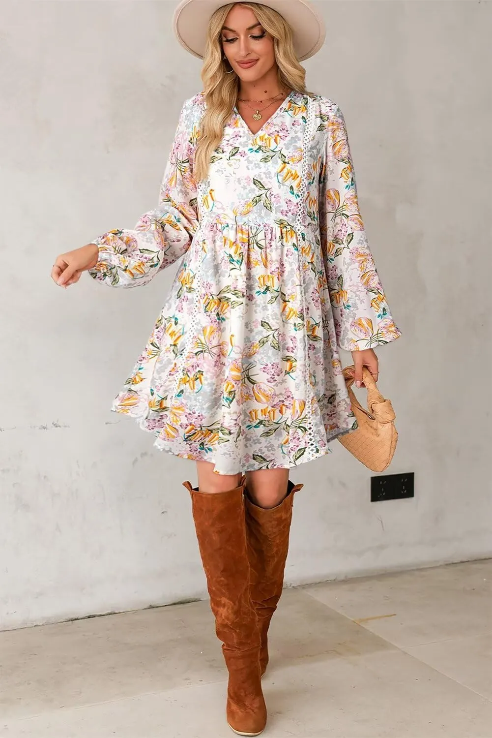 Dokotoo Women's V Neck Floral Embroidered Lace Trim Mini Dress Long Peasant Sleeves Flowy Dress Fall Dresses