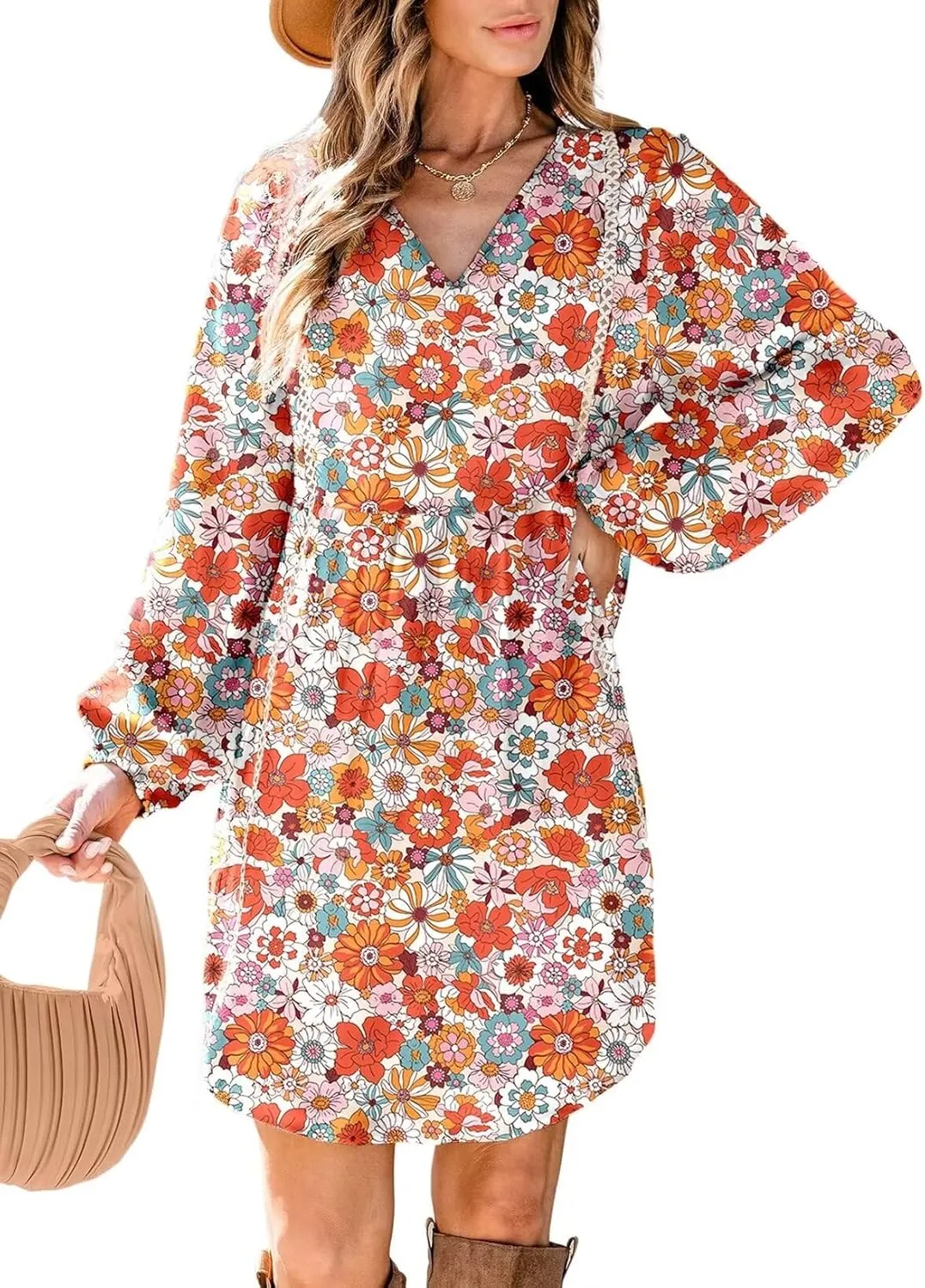 Dokotoo Women's V Neck Floral Embroidered Lace Trim Mini Dress Long Peasant Sleeves Flowy Dress Fall Dresses