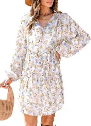 Dokotoo Women's V Neck Floral Embroidered Lace Trim Mini Dress Long Peasant Sleeves Flowy Dress Fall Dresses